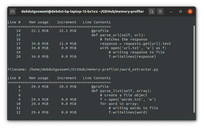 Example output of Python memory profiler showing object allocations
